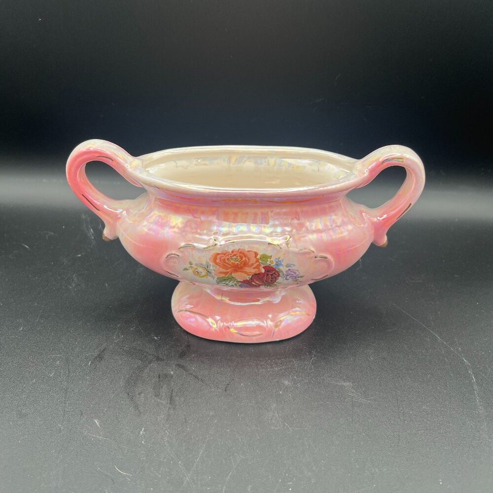 Vintage 1940s Pink Iridescent Lusterwear Ceramic Double Handled Vase